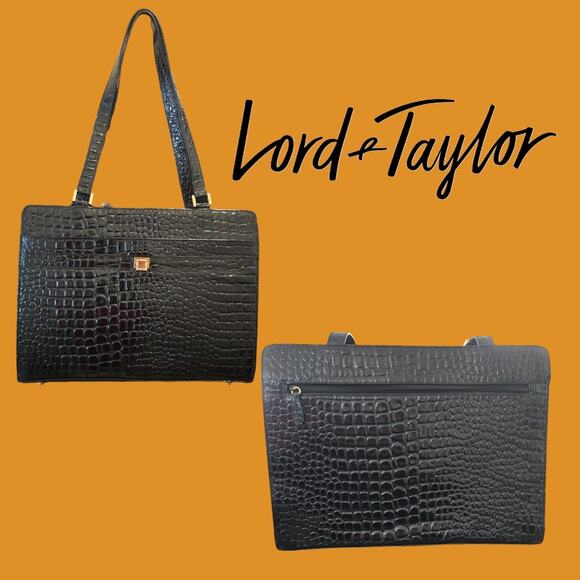 Lord and Taylor Croc Embossed Attache Patent Laptop Bag Oversize Messenger Tote - Picture 7 of 7